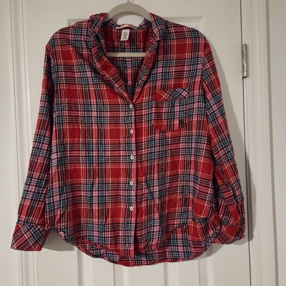 Victoria's Secret Red Plaid Pajama Top Flannel Sleep Shirt M Holiday Metallic
